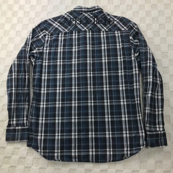 Affliction Shirt Mens Extra Large Blue Plaid Button Up Embroidered Distressed - Picture 11 of 13